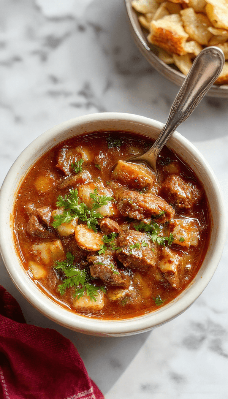 A rustic bowl of hearty beef stew with tender chunks of beef, carrots, potatoes, and celery in a thick savory gravy, garnished with chopped herbs, served on a wooden table with a spoon and bread on the side.
