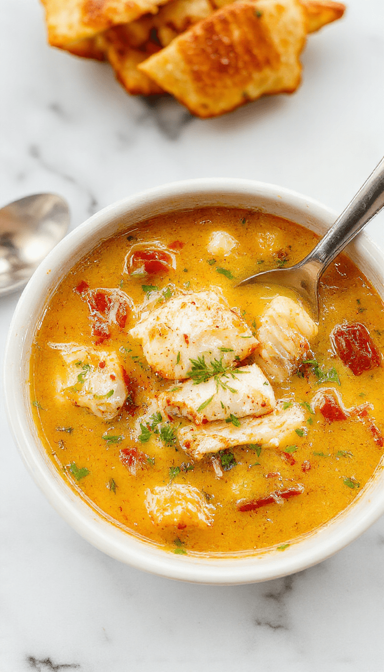 A steaming bowl of chicken parmesan soup featuring tender shredded chicken submerged in a rich tomato-based broth topped with melted mozzarella, fresh basil, and a sprinkle of parmesan cheese. The vibrant red soup contrasts with the creamy white cheese, garnished with chopped herbs, presented on a rustic wooden table with a side of toasted garlic bread.