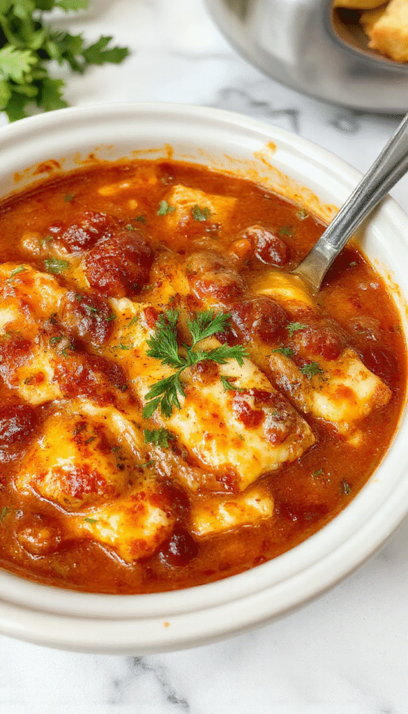 A rich bowl of crockpot lasagna soup featuring layers of melted cheese, tender pasta, and seasoned ground beef garnished with fresh basil on a rustic wooden table with a backdrop of warm lighting and Italian herbs