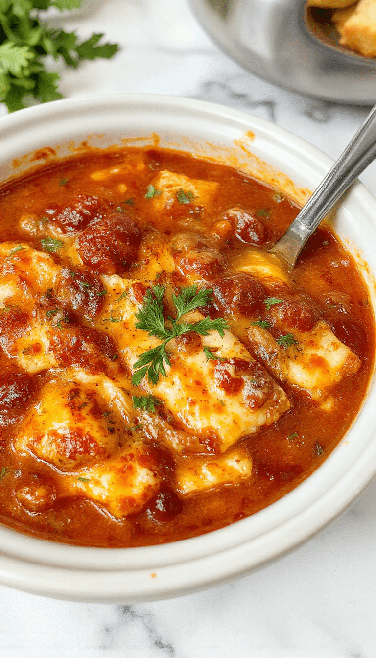 A rich bowl of crockpot lasagna soup featuring layers of melted cheese, tender pasta, and seasoned ground beef garnished with fresh basil on a rustic wooden table with a backdrop of warm lighting and Italian herbs