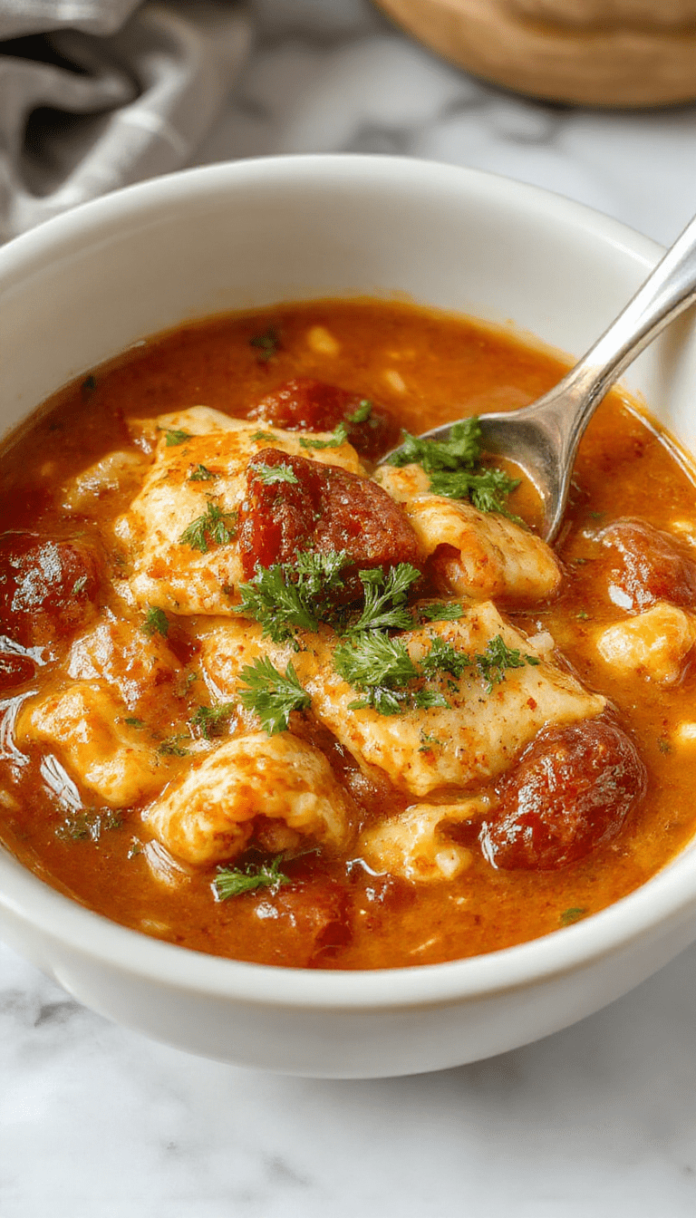 A steaming bowl of rich lasagna soup featuring layers of melted cheese, tender ground meat, and vibrant tomato sauce, garnished with fresh basil and grated Parmesan, presented on a rustic wooden table with basil leaves and garlic cloves in the background.