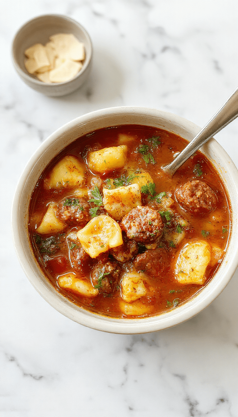 A vibrant bowl of hearty tortellini soup with slices of sausage, fresh spinach, and melted cheese tortellini in a clear broth, garnished with herbs, set on a rustic wooden table with a spoon and bread in the background.