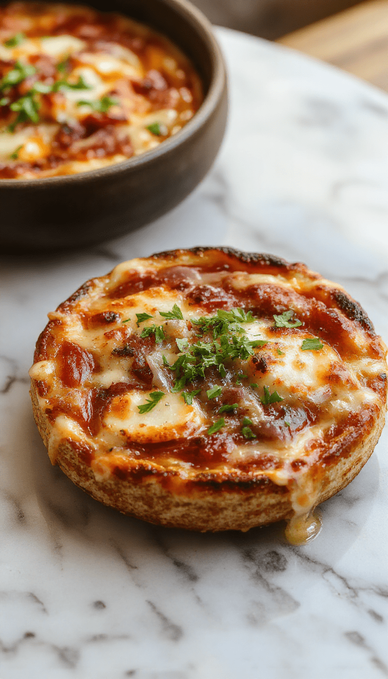 A close-up of a freshly baked French Onion Soup Pizza on a rustic wooden platter. The pizza features golden brown, bubbly cheese topped with caramelized onions, crispy crust edges, and a sprinkle of herbs. The vibrant caramel hues of the onions contrast beautifully with the melted cheese, and the pizza is garnished with fresh thyme, giving it a rustic and inviting appearance.