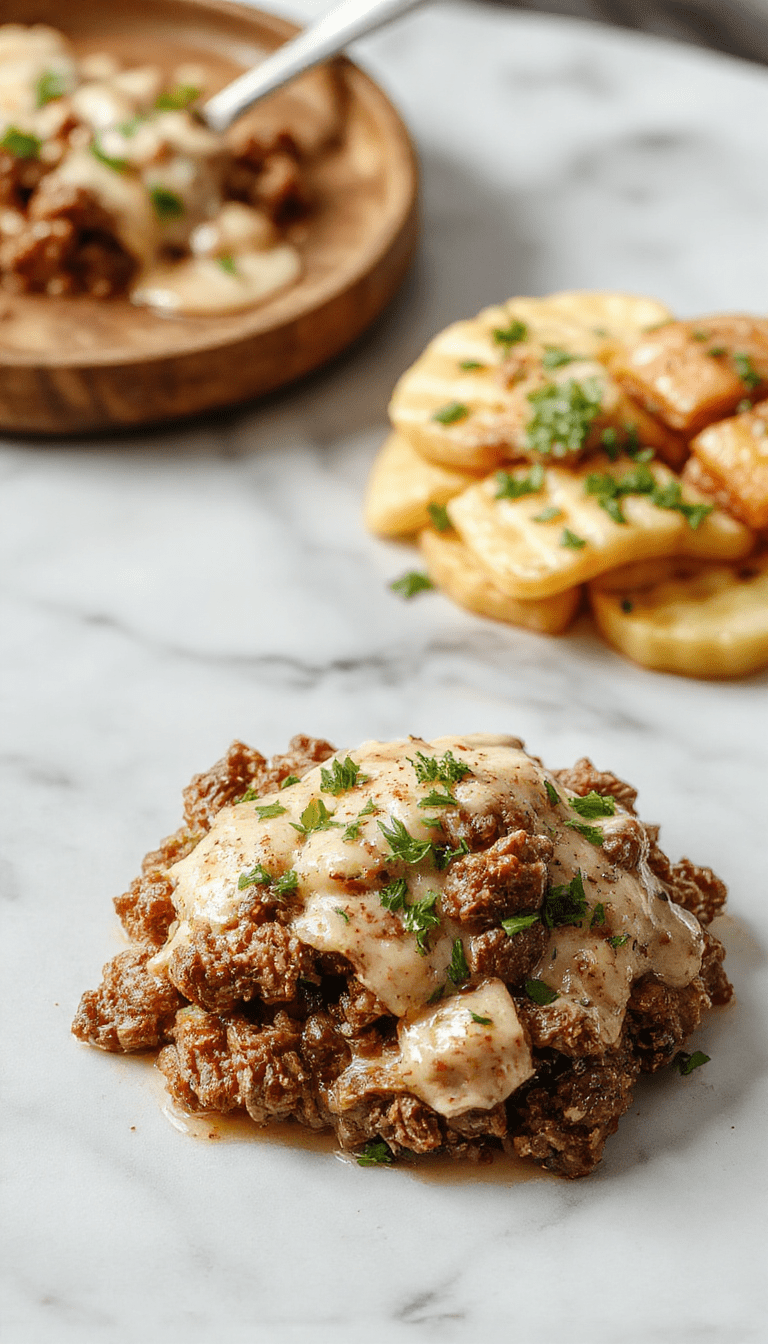 A savory plate of ground beef stroganoff featuring tender beef strips coated in a rich creamy mushroom sauce, served over a bed of egg noodles. The dish is garnished with fresh parsley and presented on a rustic wooden table with a warm, inviting ambiance, highlighting the velvety textures and vibrant colors of the dish.