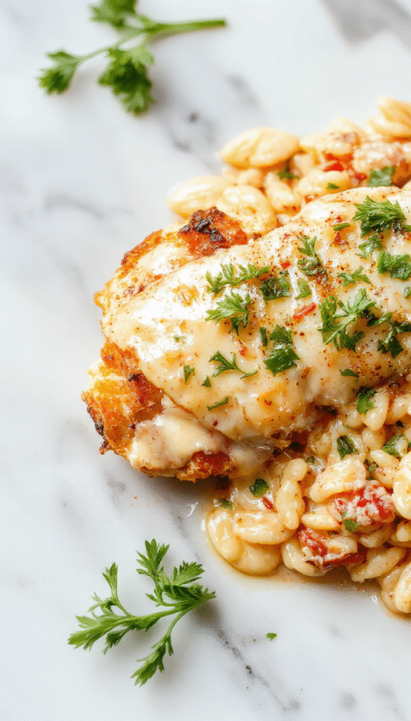 A vibrant skillet featuring crispy, golden-brown monterey chicken topped with melty cheese and chopped herbs, paired with a creamy, perfectly cooked orzo pasta, garnished with fresh parsley on a rustic wooden table