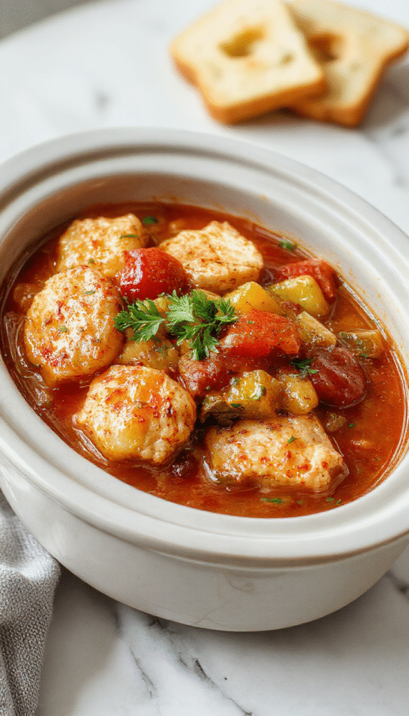 A cozy bowl of hearty chicken stew topped with fresh herbs, surrounded by cooked vegetables and tender shredded chicken, served in a rustic ceramic dish with a steaming presentation.