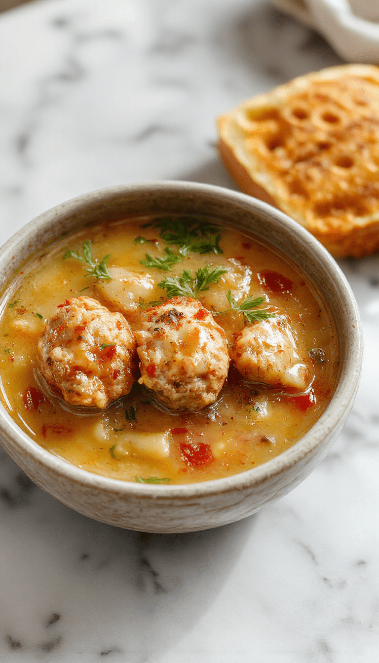 A charming bowl of Swedish meatball soup featuring tender meatballs submerged in a rich, creamy broth. The bowl is garnished with fresh herbs and served on a rustic wooden table, with a side of crusty bread. Vibrant greens and small dollops of sour cream add color and texture to the dish, enhancing its inviting presentation.