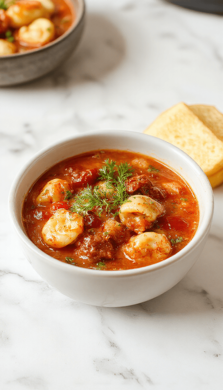 A vibrant bowl of tomato tortellini soup featuring plump tortellini immersed in rich red tomato broth, garnished with fresh basil leaves, served in a rustic white bowl on a wooden table with a spoon and a slice of crusty bread in the background.