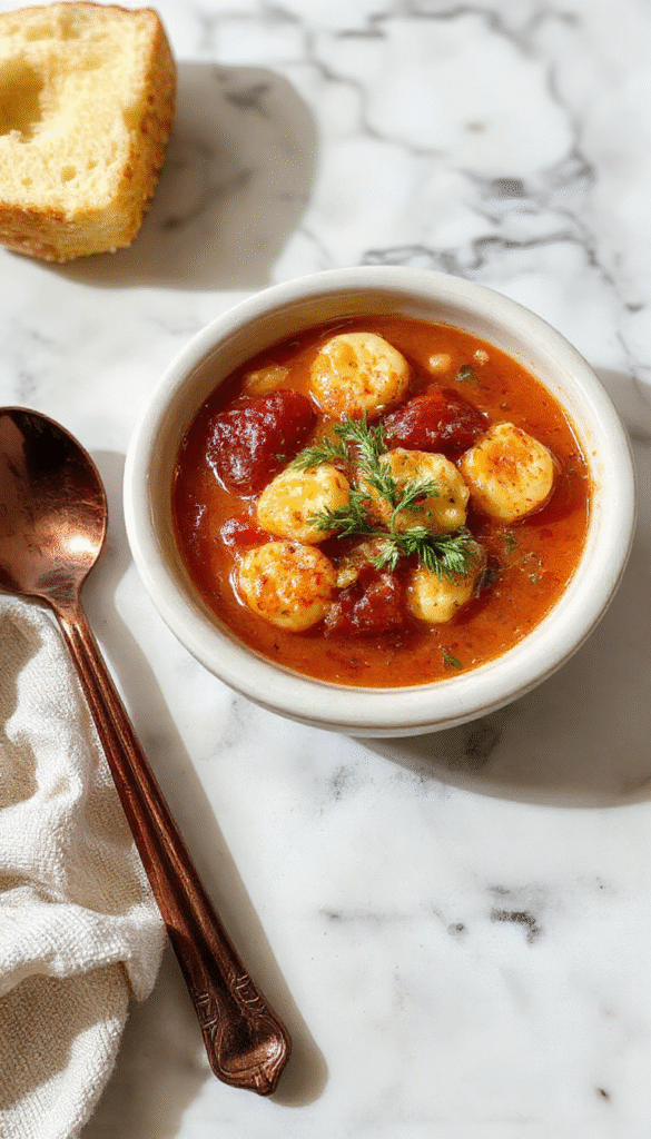 A vibrant bowl of tomato tortellini soup featuring plump tortellini submerged in a rich, red tomato broth garnished with fresh basil leaves, grated cheese, and a drizzle of olive oil on a rustic wooden table with a spoon resting beside the bowl.