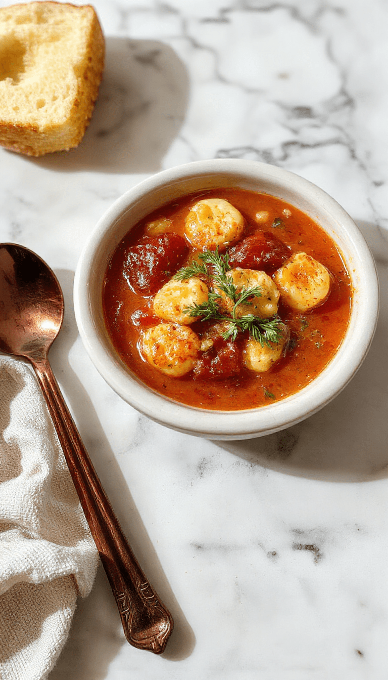 A vibrant bowl of tomato tortellini soup featuring plump tortellini submerged in a rich, red tomato broth garnished with fresh basil leaves, grated cheese, and a drizzle of olive oil on a rustic wooden table with a spoon resting beside the bowl.