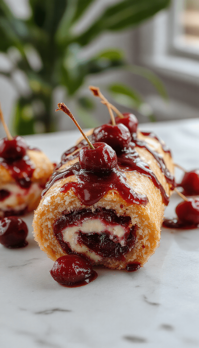 A beautifully plated cherry cheesecake cake roll showcasing a golden-brown sponge exterior filled with vibrant red cherry cheesecake filling, topped with fresh cherries and a dusting of powdered sugar, all presented on a white elegant plate against a soft pastel background to highlight the rich textures and colorful ingredients.