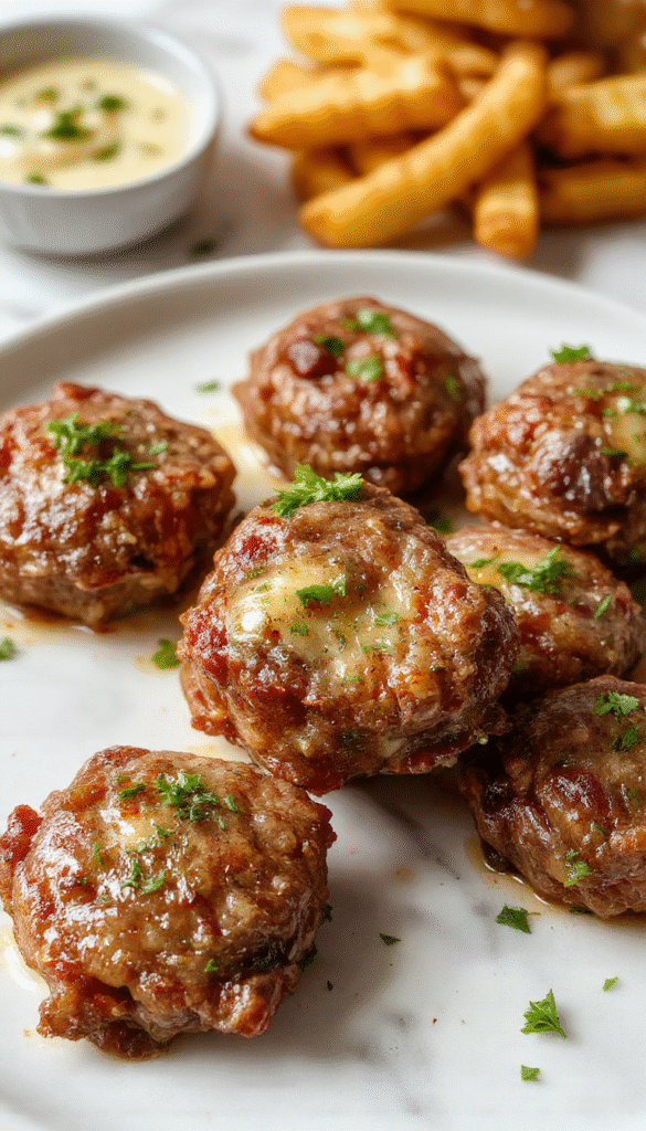 Colorful plate of tender beef bites coated in glossy garlic butter sauce, garnished with fresh parsley, served on a rustic wooden platter with a side of roasted vegetables.
