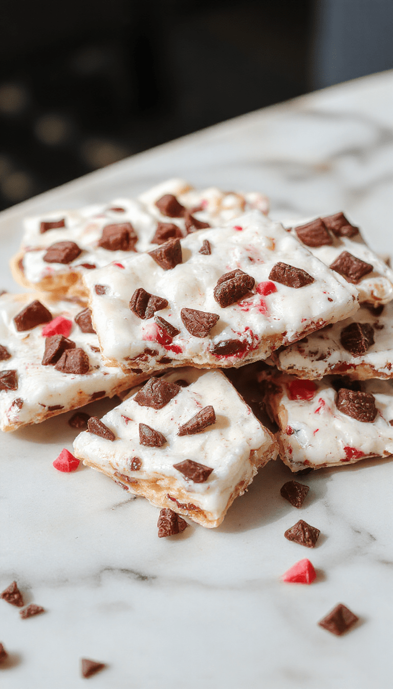 Colorful yogurt bark slices arranged neatly on a marble platter, topped with vibrant berries, crunchy nuts, and drizzled with honey, showcasing a smooth and textured surface, styled with fresh mint leaves for a fresh, inviting look.