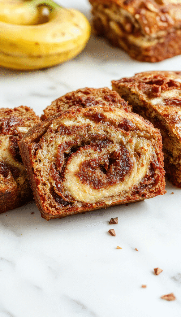 A freshly baked banana bread sliced to reveal a rich cinnamon swirl inside. The bread has a golden-brown crust, topped with a light dusting of powdered sugar. The slices are arranged on a rustic wooden platter with a few banana slices and cinnamon sticks beside it, evoking a cozy, inviting brunch atmosphere with warm lighting and soft shadows.