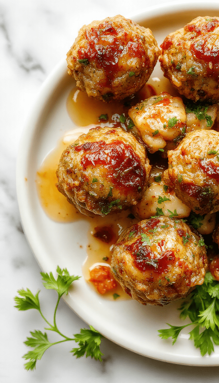 Colorful plate featuring golden-brown turkey meatballs glazed with glossy honey garlic sauce, garnished with chopped herbs on a rustic wooden table styled with fresh garlic, honey drizzles, and vibrant vegetables.