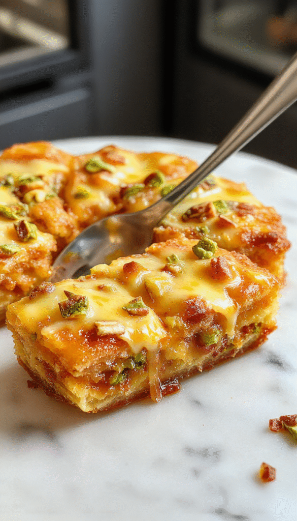 A visually stunning honey pistachio baklava cheesecake featuring a layered presentation with golden honey glaze, chopped pistachios, and flaky baklava crust on top. The cheesecake sits on a white plate with a drizzle of honey, garnished with whole pistachios and crumbled baklava, styled elegantly with golden accents and a rustic wooden background showcasing textures of nuts, honey, and creamy cheesecake.