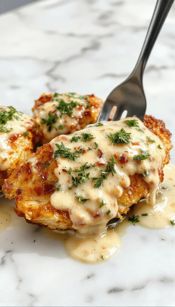 A beautifully plated Irish Chicken in Whiskey Cream Sauce featuring tender chicken breasts surrounded by a rich, creamy, pale beige whiskey sauce with hints of herbs, garnished with fresh parsley, served on a white plate with a rustic wooden table background and a glass of whiskey beside the dish.
