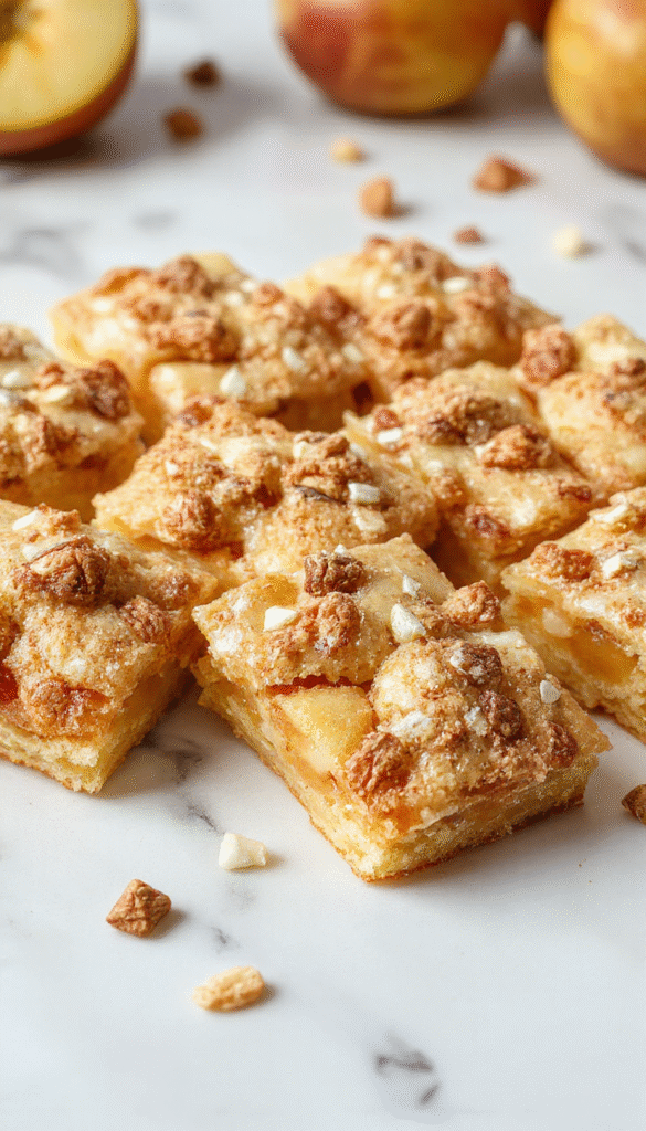 Colorful apple crisp shortbread bars neatly cut on a rustic wooden platter, showcasing golden brown shortbread crust topped with chunky cinnamon-spiced apple filling, garnished with powdered sugar and fresh apple slices, styled with autumn leaves and a cozy kitchen setting.