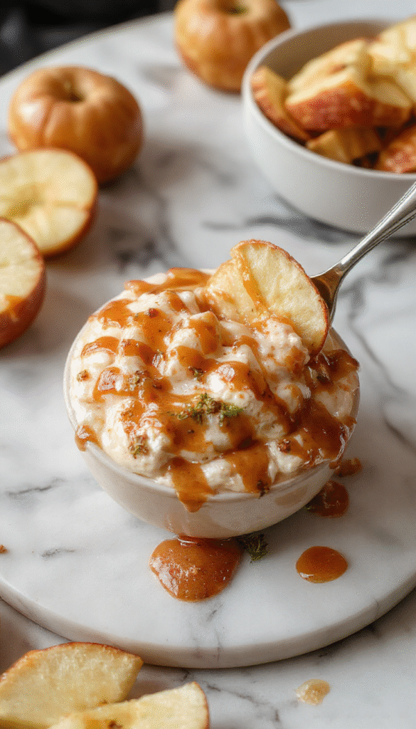 A close-up of a creamy apple toffee dip in a clear glass bowl, topped with crunchy toffee pieces and apple slices arranged around the bowl. The background features a rustic wooden table with a spoon dipped into the dip, capturing rich caramel tones, glossy toffee bits, and fresh apple slices with crisp texture, styled with a sprinkle of cinnamon for a warm, inviting look.
