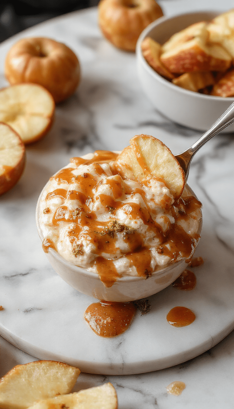 A close-up of a creamy apple toffee dip in a clear glass bowl, topped with crunchy toffee pieces and apple slices arranged around the bowl. The background features a rustic wooden table with a spoon dipped into the dip, capturing rich caramel tones, glossy toffee bits, and fresh apple slices with crisp texture, styled with a sprinkle of cinnamon for a warm, inviting look.