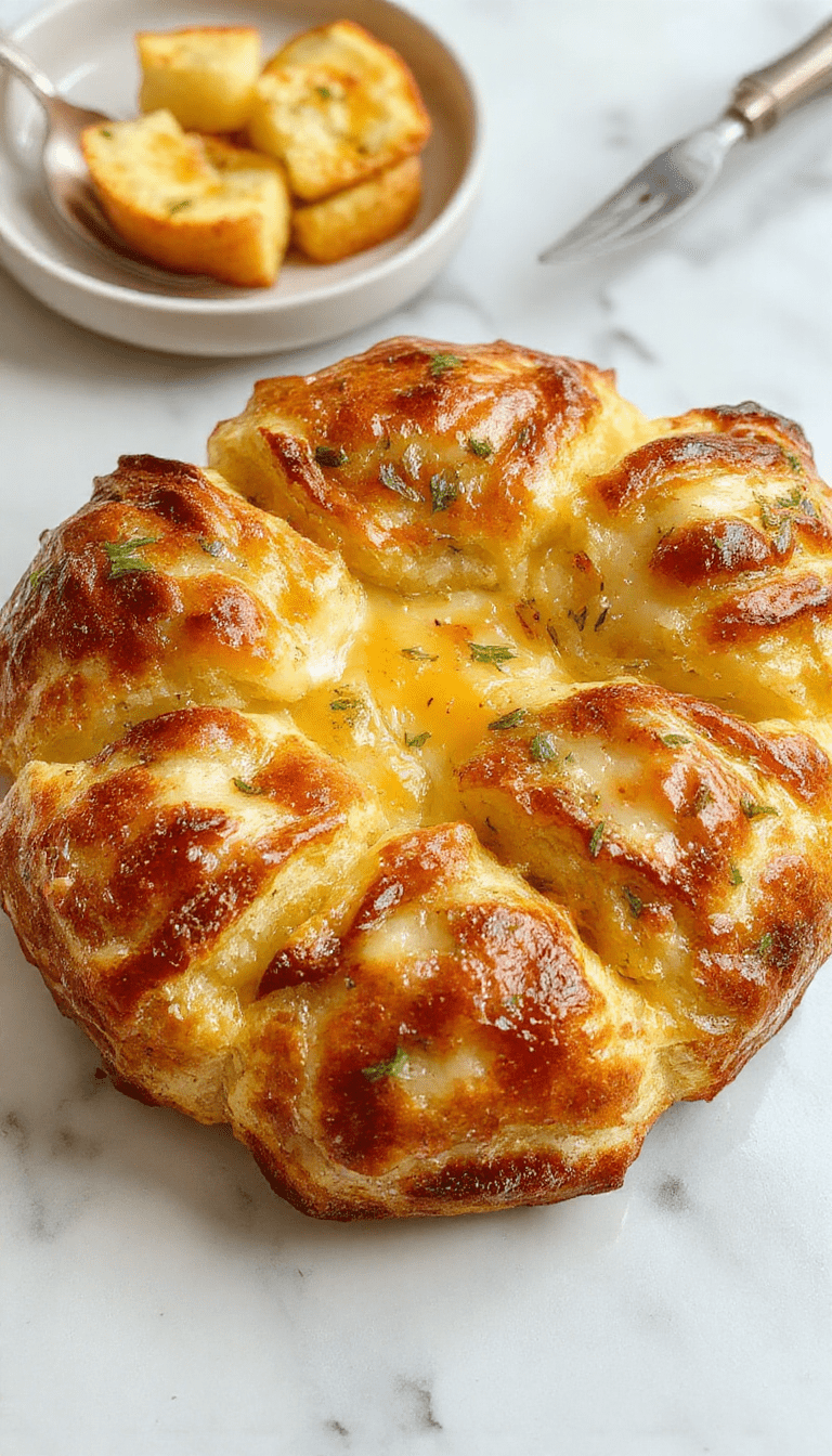 A golden-brown cheesy pull apart bread arranged in a circular pattern on a rustic wooden platter, topped with melted cheese, herbs, and bits of garlic. The bread has a crispy crust with gooey, melted cheese oozing between layers, perfectly styled with a sprinkle of fresh parsley for garnish and a knife for serving.