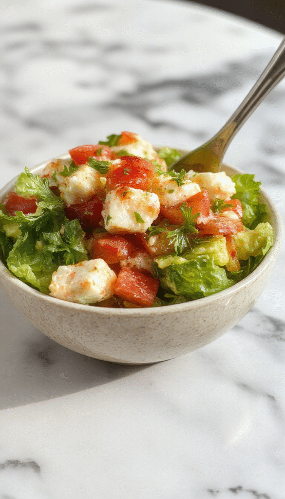A vibrant bowl of crab salad featuring chunked crab meat, colorful diced vegetables including red bell peppers and celery, garnished with fresh herbs, presented on a rustic white plate with a lemon wedge, surrounded by fresh ingredients and a leaf of parsley, showcasing a fresh and appetizing seafood salad with a rich, textured appearance.