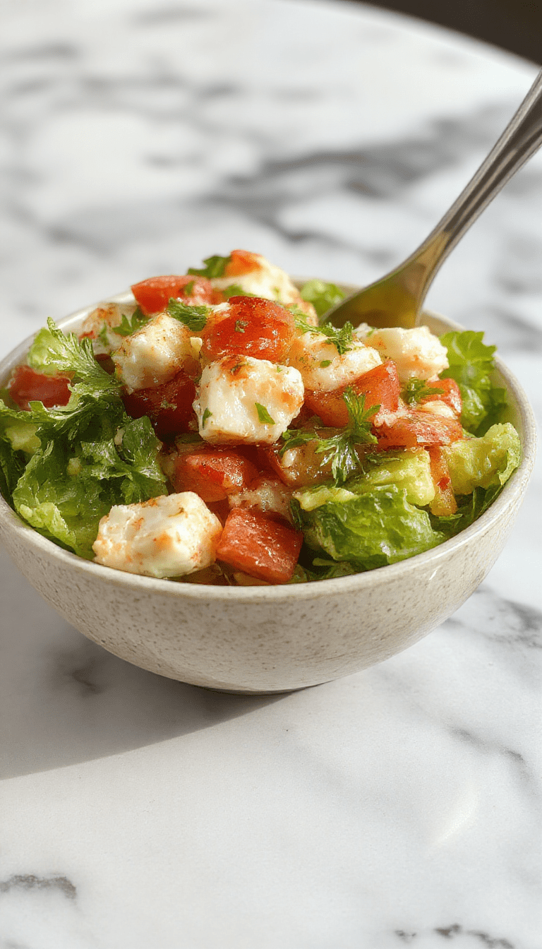 A vibrant bowl of crab salad featuring chunked crab meat, colorful diced vegetables including red bell peppers and celery, garnished with fresh herbs, presented on a rustic white plate with a lemon wedge, surrounded by fresh ingredients and a leaf of parsley, showcasing a fresh and appetizing seafood salad with a rich, textured appearance.