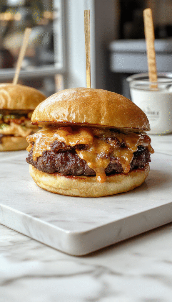A close-up of golden-brown crack burgers stacked on a wooden platter, topped with melted cheese, crispy bacon, fresh lettuce, and tomato slices, with a side of crispy fries and a dipping sauce, styled in a rustic setting with vibrant colors and a inviting atmosphere.
