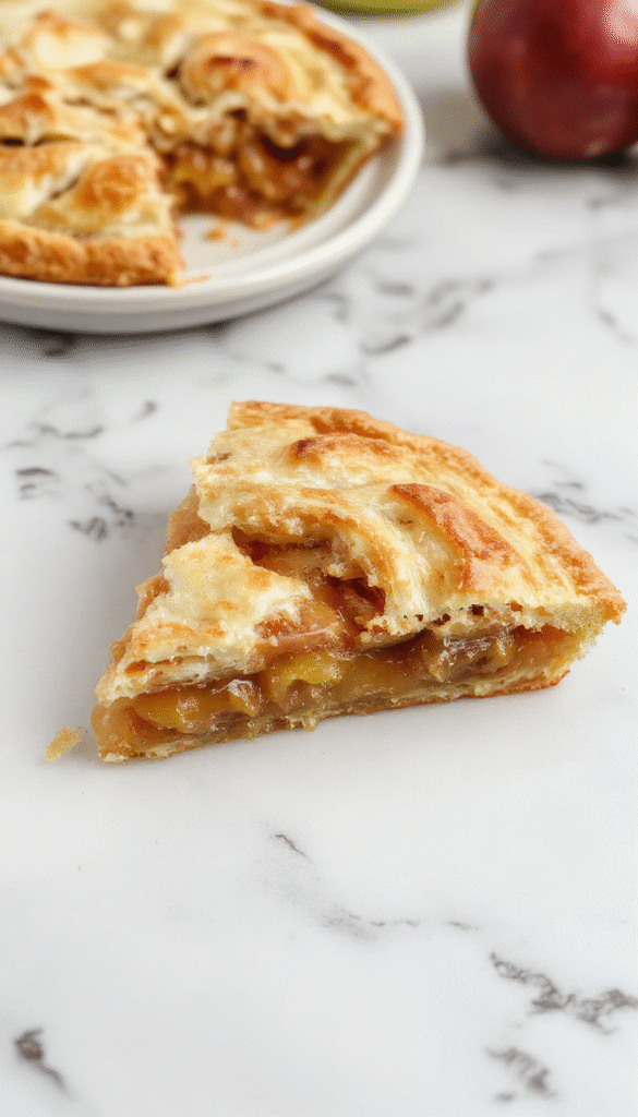 A golden-brown apple pie topped with a lattice crust, steam gently rising, served on a rustic wooden table with cinnamon sticks and fresh apples around, vibrant apple filling visible through the crust, inviting and cozy presentation.