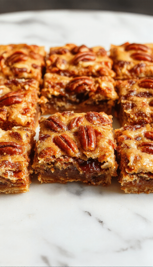 Golden brown pecan pie bars with a glossy caramel glaze, topped with chopped pecans and cut into perfect squares, placed on a rustic wooden platter with a scattering of whole pecans around, showcasing the rich textures and inviting aroma.