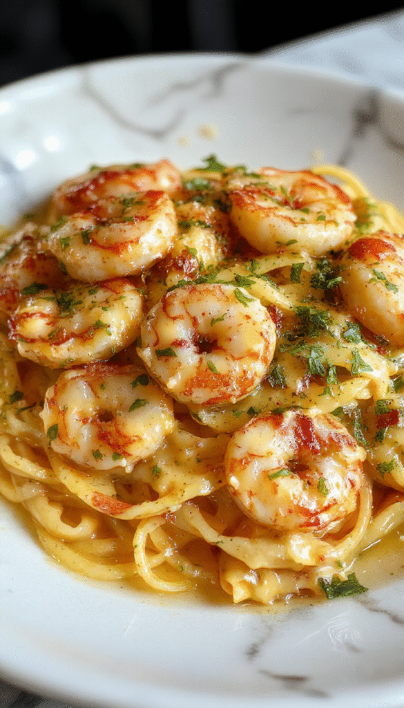 A close-up of a beautifully plated shrimp pasta dish featuring golden-brown shrimp nestled on a bed of creamy, garlicky sauce with herbs sprinkled on top, served on a white elegant plate with a wooden table background, vibrant colors, and a sprinkle of fresh parsley for garnish.
