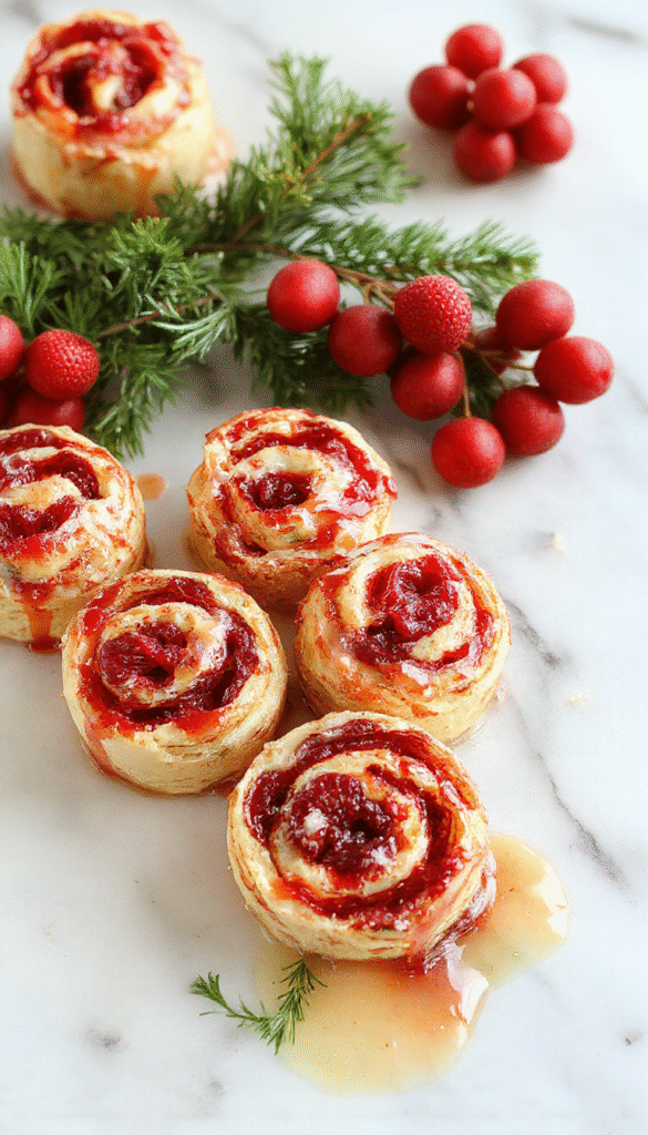 Vivid image of vibrant red and green Christmas cranberry roll ups neatly arranged on a white plate. The rolls are filled with a bright cranberry sauce and cream cheese, topped with fresh mint leaves. The background features a festive holiday setting with pine cones, sprigs of holly, and a cozy tablecloth, highlighting the textures of the creamy filling and the glossy cranberry topping.
