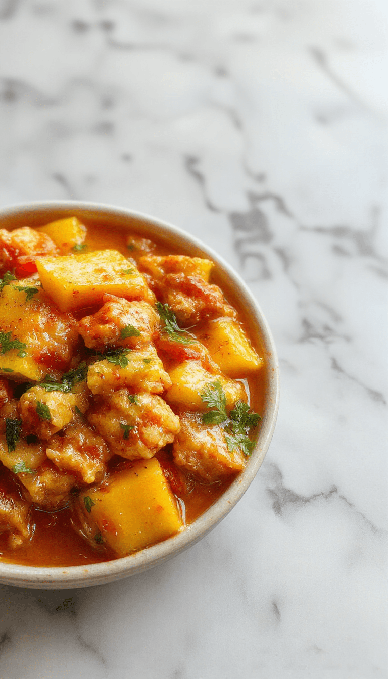 A vibrant plate of mango chicken curry featuring tender chicken pieces immersed in a bright orange mango sauce, garnished with fresh cilantro, served alongside steamed rice and colorful vegetables, all on a rustic wooden table with a sunny background.