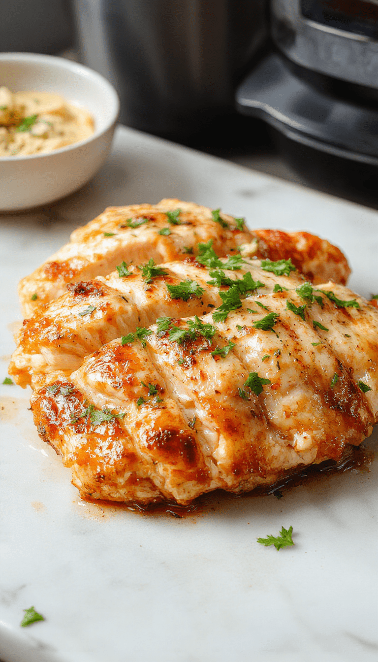 A beautifully plated chicken breast dish with golden-brown, juicy chicken breasts garnished with fresh herbs, served on a white plate. The chicken has a crispy exterior with a moist, tender interior, and the presentation is styled simply with vibrant greenery and a light sauce drizzled around.