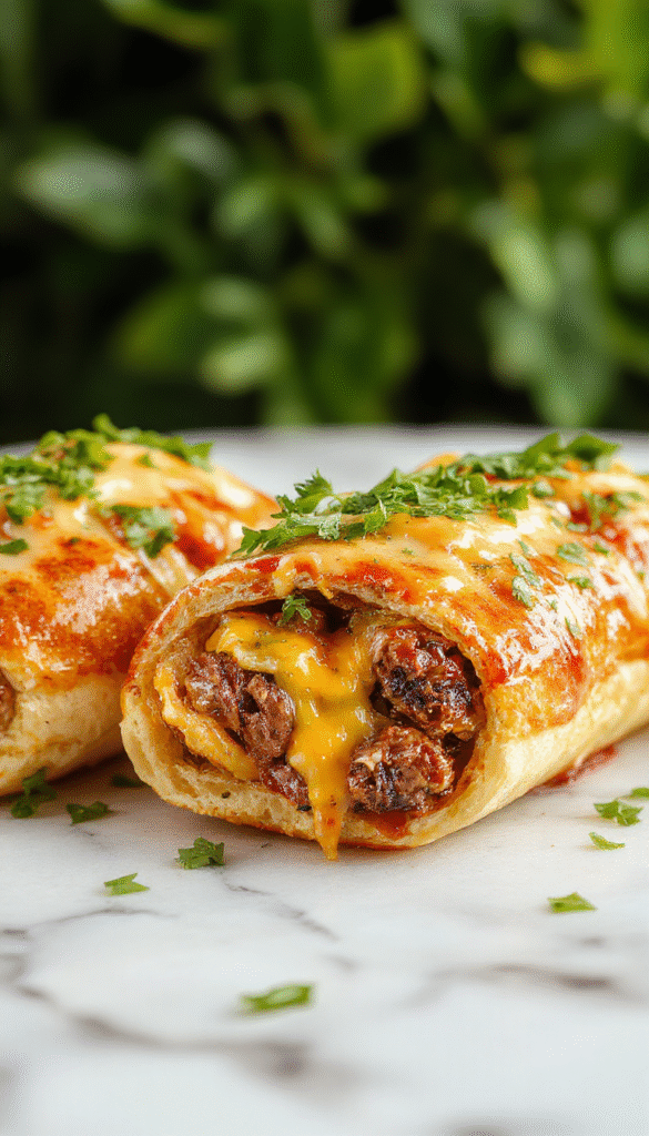 A close-up of golden-brown keto Philly cheesesteak rolls displayed on a rustic wooden platter. The rolls are sliced open, revealing melted cheese, tender sliced steak, and sautéed peppers inside. The scene is styled simply with fresh herbs garnishing the platter, showcasing their crispy crust and gooey filling with vibrant red peppers and melted cheese textures against a neutral background.