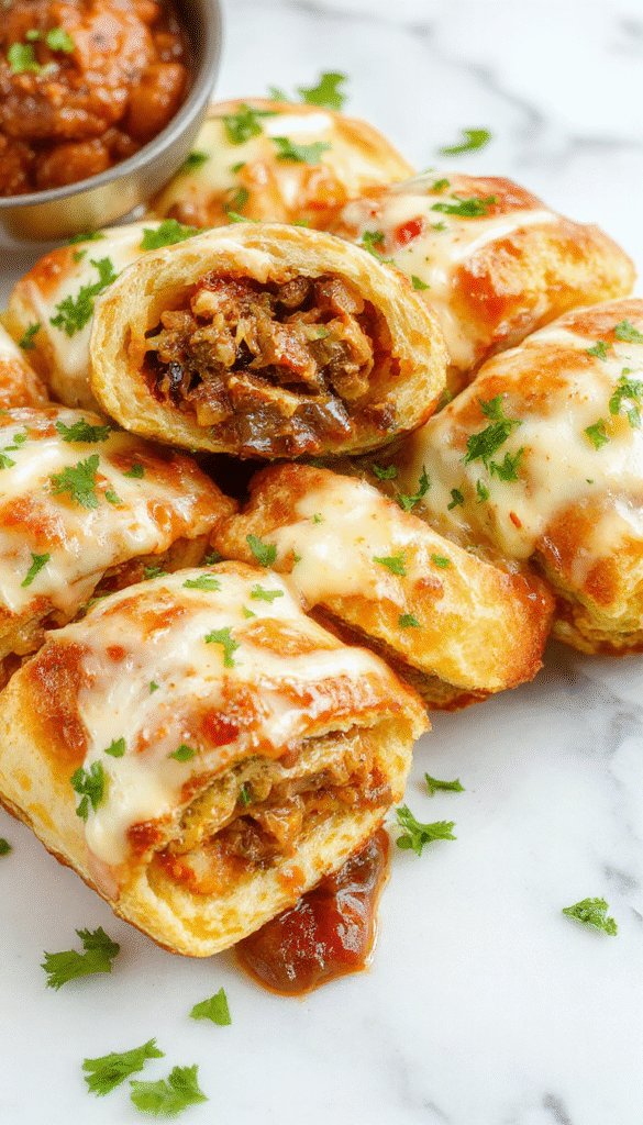 Golden brown keto Philly cheesesteak rolls sliced open to reveal tender beef, melted cheese, and sautéed peppers inside a crispy yet soft pastry.