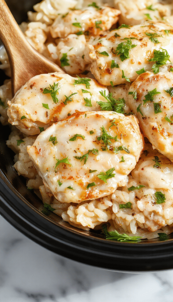 A vibrant plate featuring tender shredded lemon herb chicken atop fluffy white rice, garnished with fresh herbs and lemon slices, with a background of rustic wooden table and bright natural light.