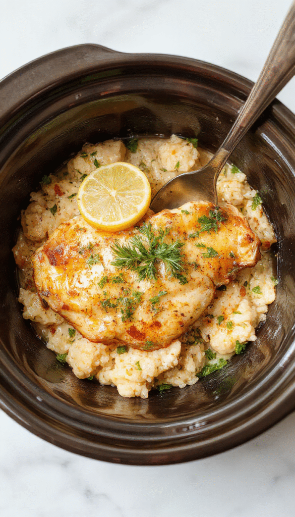 A vibrant plate featuring tender shredded chicken glazed with lemon and herbs, served atop fluffy white rice. Garnished with fresh parsley and lemon slices, the dish is styled on a rustic wooden table with bright, natural lighting highlighting the juicy textures and colorful herbs.