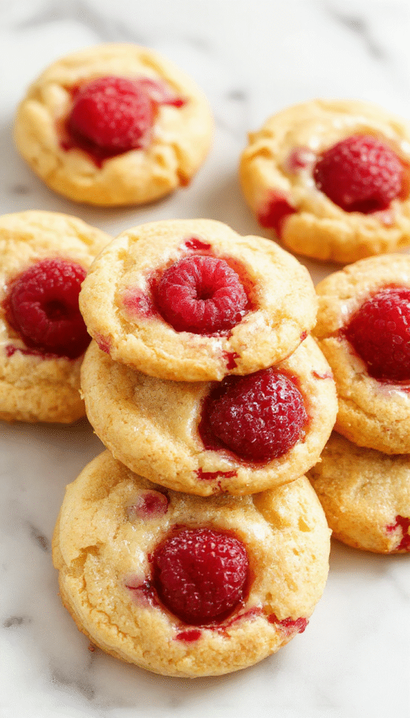 Colorful lemon raspberry cookies arranged on a rustic wooden platter. The cookies have a golden-brown edge with vibrant red raspberry specks and bright yellow lemon glaze drizzled on top. The background features fresh raspberries and lemon slices, with a soft focus highlighting the glossy texture and zesty appeal of the cookies.