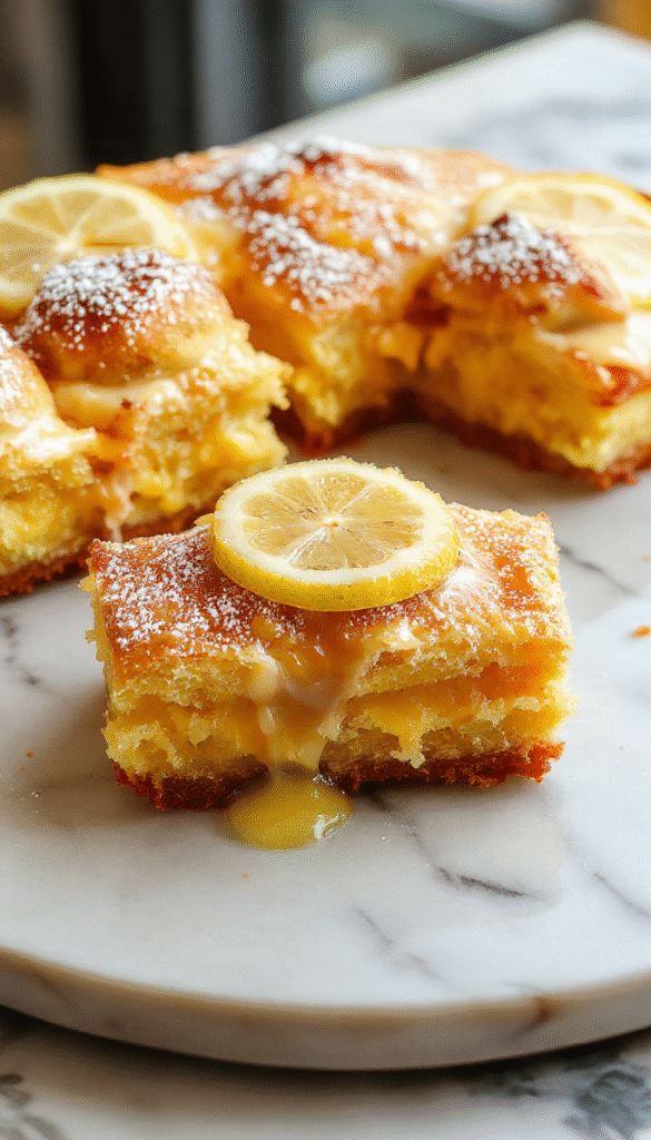 A vibrant lemon sponge pie with a golden crust, topped with powdered sugar and fresh lemon slices. The pie is sliced open, revealing a light, fluffy lemon filling contrasted against the crisp crust, styled on a white plate with a sprig of mint on the side. The background features a pastel-colored tablecloth with a hint of lemon zest scattered around.