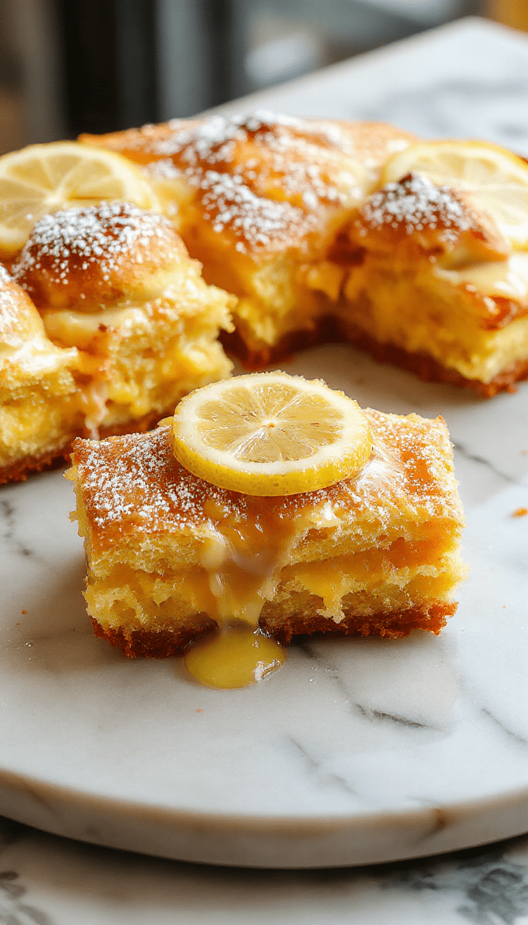 A vibrant lemon sponge pie with a golden crust, topped with powdered sugar and fresh lemon slices. The pie is sliced open, revealing a light, fluffy lemon filling contrasted against the crisp crust, styled on a white plate with a sprig of mint on the side. The background features a pastel-colored tablecloth with a hint of lemon zest scattered around.