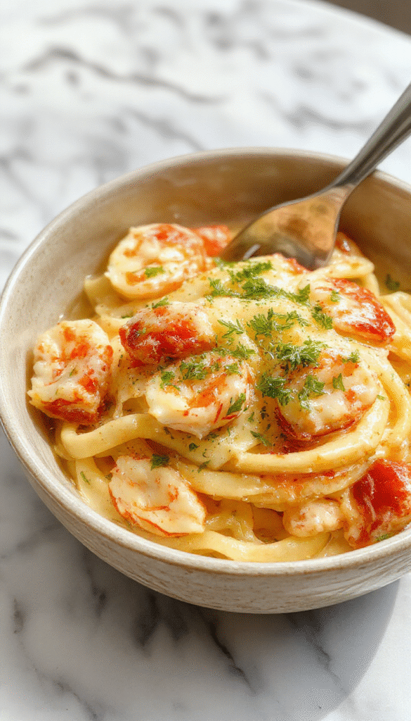 A elegant white plate featuring rich, creamy lobster pasta garnished with fresh herbs, lobster claws, and a sprinkle of parmesan cheese, styled with a rustic wooden background