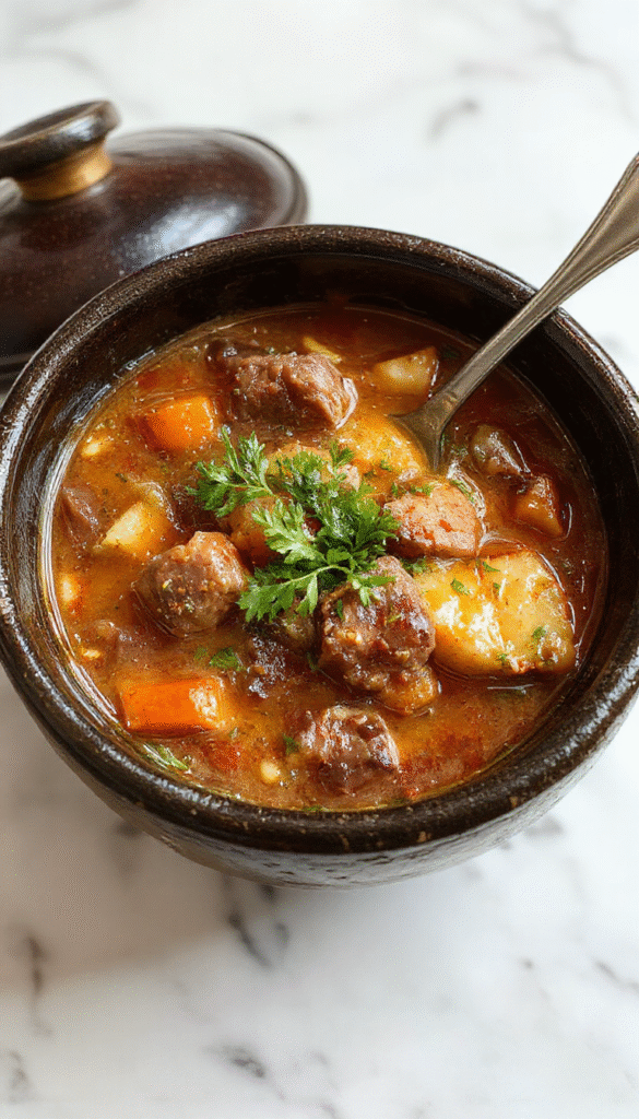 A steaming black cauldron-shaped bowl filled with rich beef stew, topped with fresh herbs, surrounded by vegetables and rustic wooden background, inviting and hearty with thick sauce and tender beef pieces.