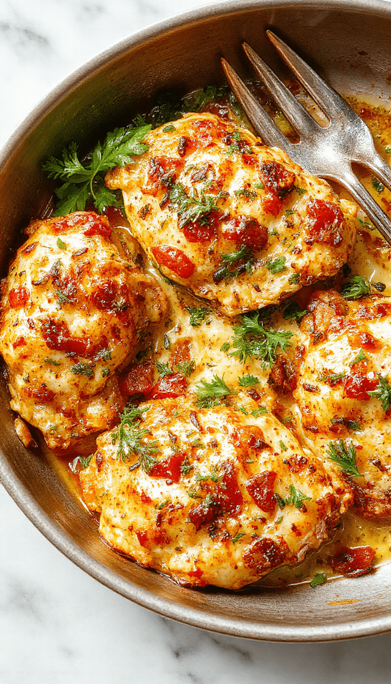 Colorful Mediterranean Chicken Zucchini Bake served in a rustic ceramic dish. Bright green zucchini slices with golden-brown baked chicken pieces, garnished with fresh herbs and drizzled with vibrant red tomato sauce. The dish has a appetizing textured surface with crispy edges, styled on a wooden table with a sprinkle of herbs for a inviting presentation.