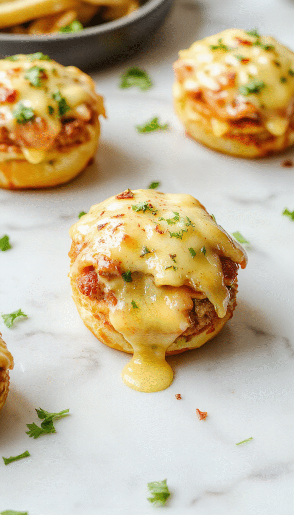 Golden-brown cheeseburger rollups topped with melted cheese and fresh parsley, sliced to reveal juicy beef patties, gooey cheese, and crispy edges, styled on a rustic wooden board with flavorful herbs scattered around