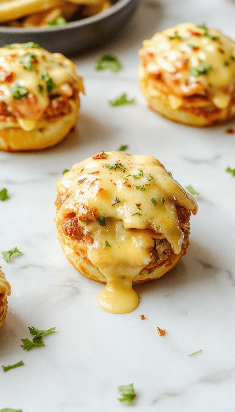 Golden-brown cheeseburger rollups topped with melted cheese and fresh parsley, sliced to reveal juicy beef patties, gooey cheese, and crispy edges, styled on a rustic wooden board with flavorful herbs scattered around
