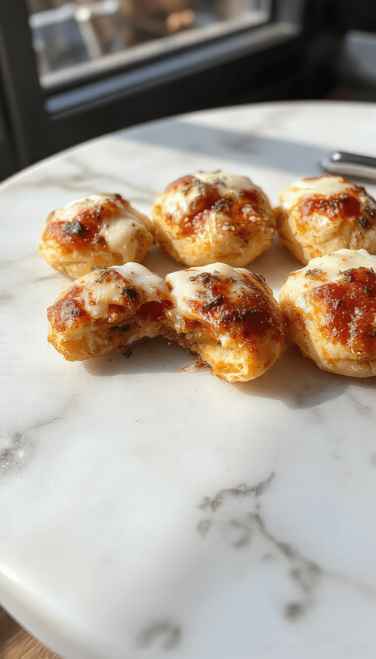 Colorful mini crescent roll pizzas on a white plate with bubbling cheese, vibrant toppings like pepperoni and vegetables, garnished with fresh herbs, all styled simply to showcase the golden, flaky crusts and gooey textures.