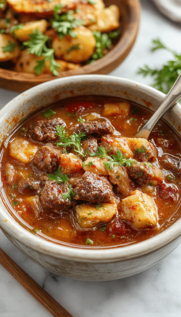 A dark, mystical-looking cauldron filled with rich, tender beef chunks, vegetables, and fragrant herbs, surrounded by candlelit ambiance and smoky steam rising, styled with rustic wooden utensils on a vintage kitchen table
