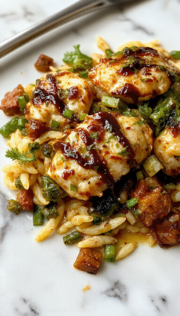 Colorful plated balsamic chicken orzo with caramelized vegetables, fresh herbs, and a glossy balsamic glaze on a rustic wooden background, styled beautifully