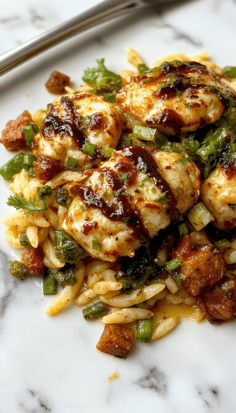 Colorful plated balsamic chicken orzo with caramelized vegetables, fresh herbs, and a glossy balsamic glaze on a rustic wooden background, styled beautifully
